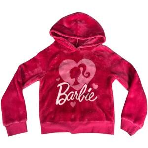 Barbie Girls Plush Hoodie Pink Size S 7/8 Soft Fleece Heart Logo Lounge Play
